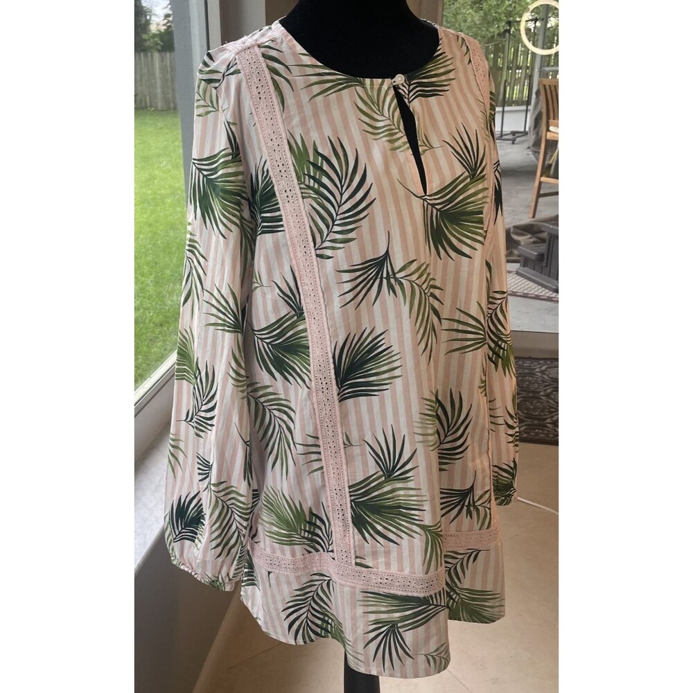 Lands End Sz L 14-16 Pink & White Striped Palms Tunic Mature Tropical Beach Cool